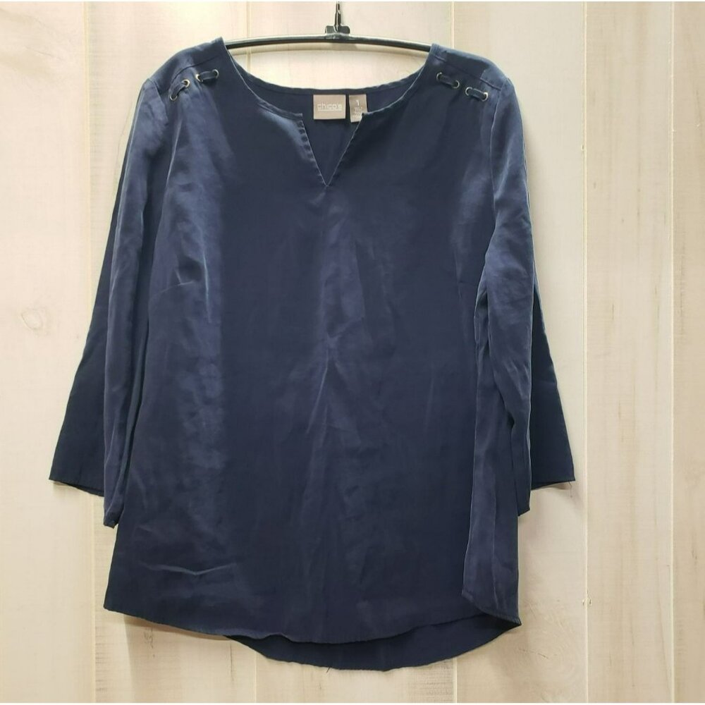 Chicos Blue Tunic Blouse Split V Neck, Lacing Detail, 3/4 Sleeve, MODAL 1 Medium